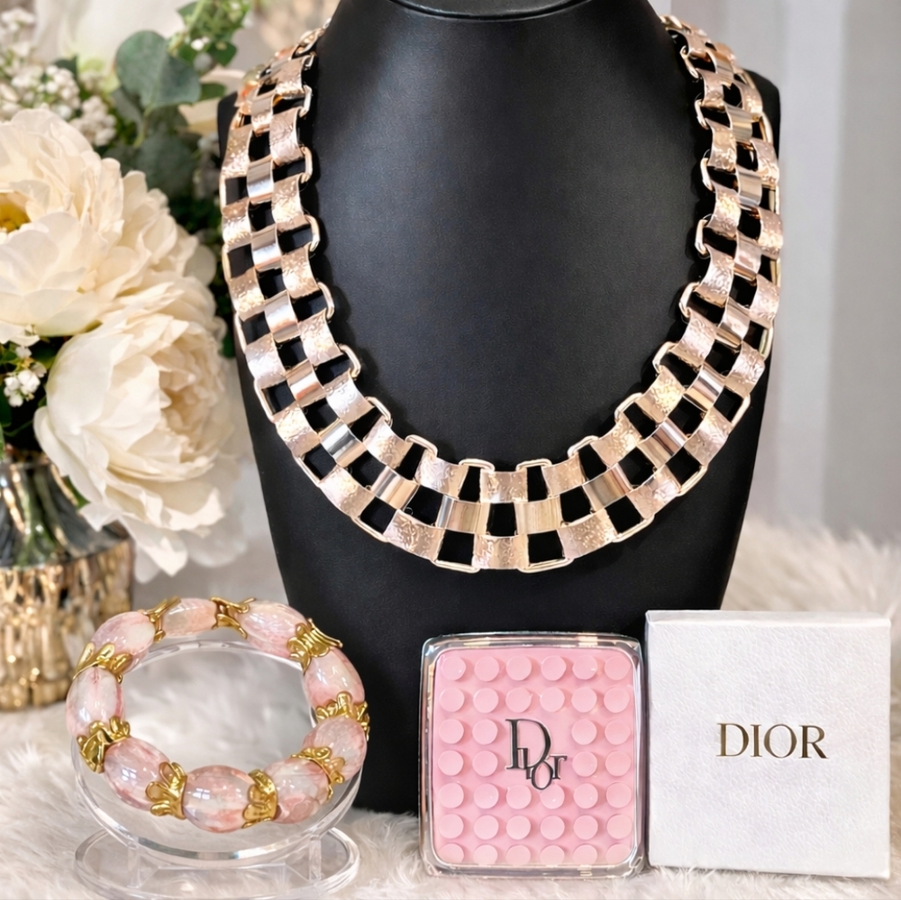 Dior Pink Octobody NIB With Artisan Pink Glass Bracelet & Statement Necklace